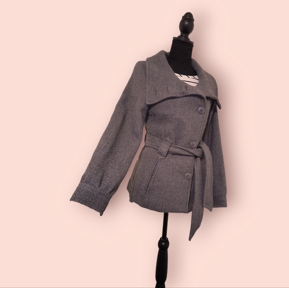 H&M Blazer Jacket Wool-Blend Asymmetric Belted PeaCoat in Charcoal Size 6 - Picture 2 of 14